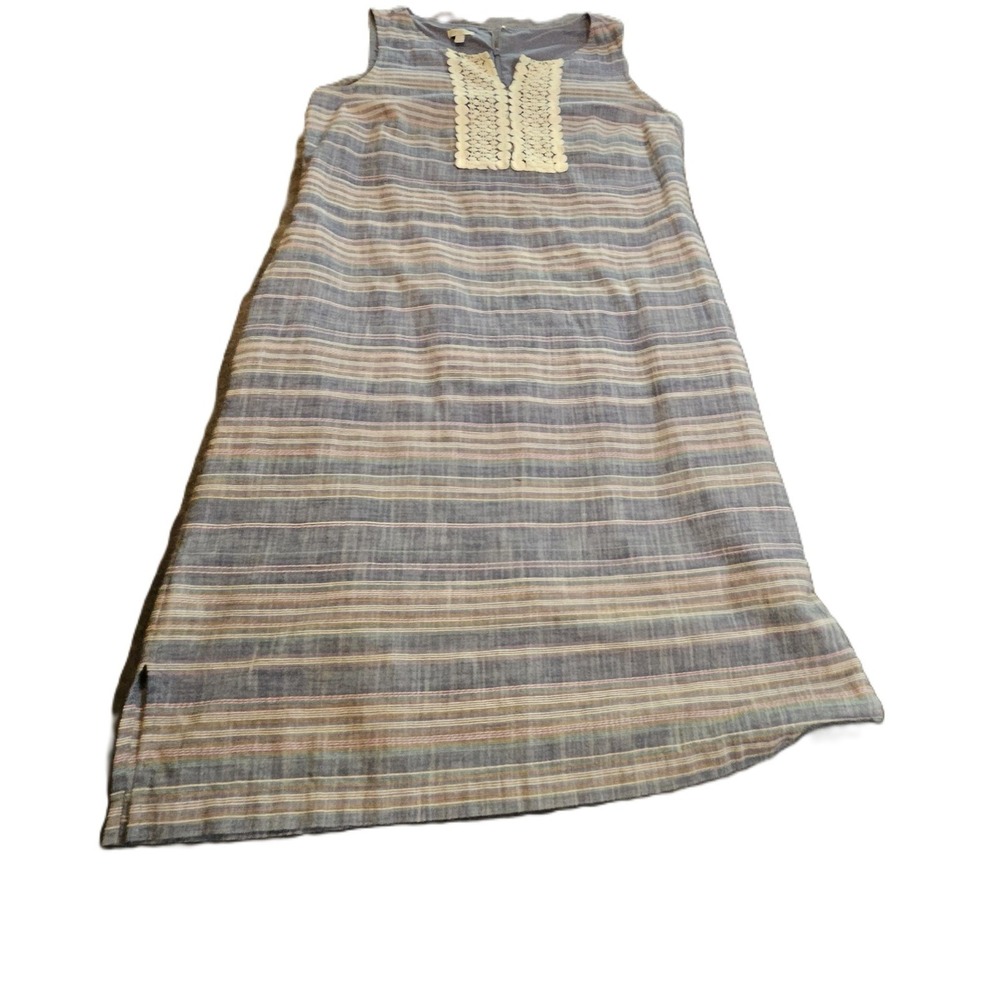Talbots Women Blue Chambray Striped Lace V-Neck Sheath Dress Size 12 1-01670